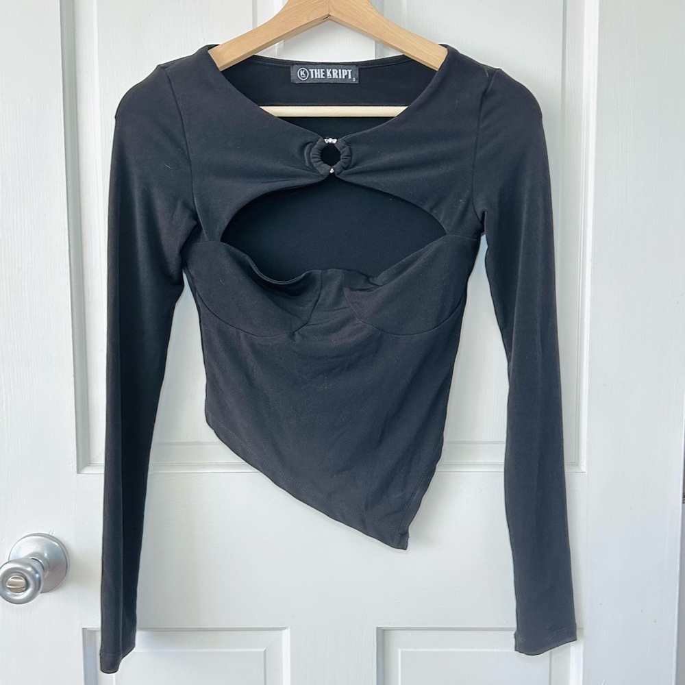 THE KRIPT Black Asymmetrical Cutout Long Sleeve Top Corset Rhinestones Size S